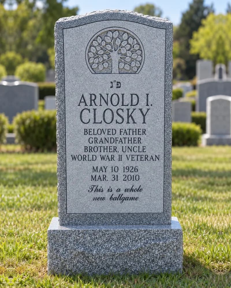Imperial Grey Jewish headstone with a rounded top and a carved Tree of Life medallion.